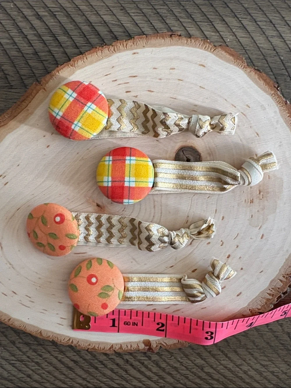 Handmade Kids Hair Ties - Yellow Plaid & Peach Floral Buttons